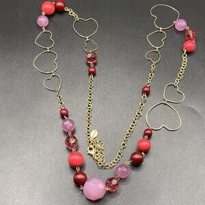 Signed Express Long Heart Necklace Pink Red Acrylic Gold Tone